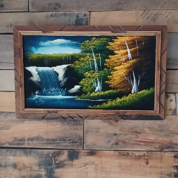 Pair (2) Velvet Landscape Paintings Waterfall Lake Trees Frame MCM Retro EUC